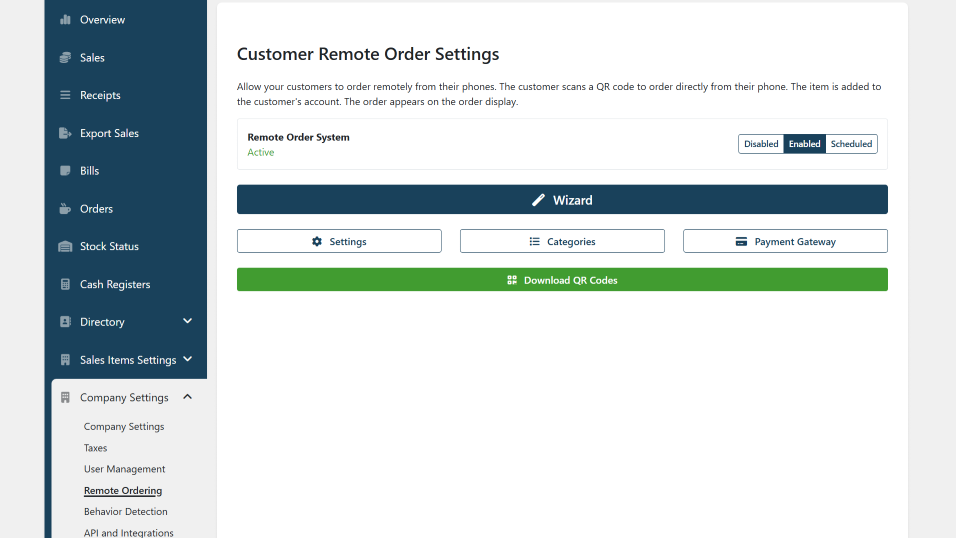 Back office - remote order settings