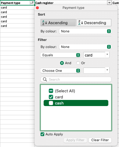 Filter by payment type (cash or card)