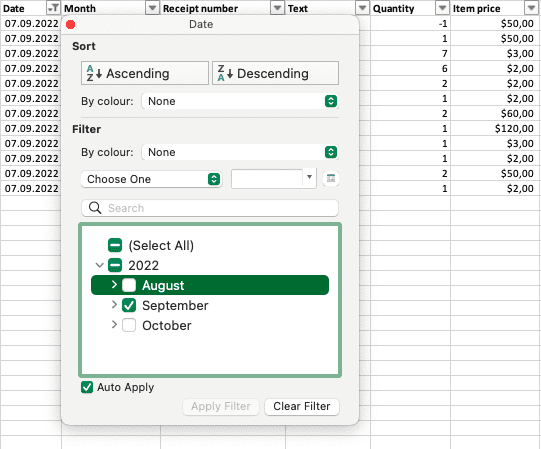 filter your transactions in the export