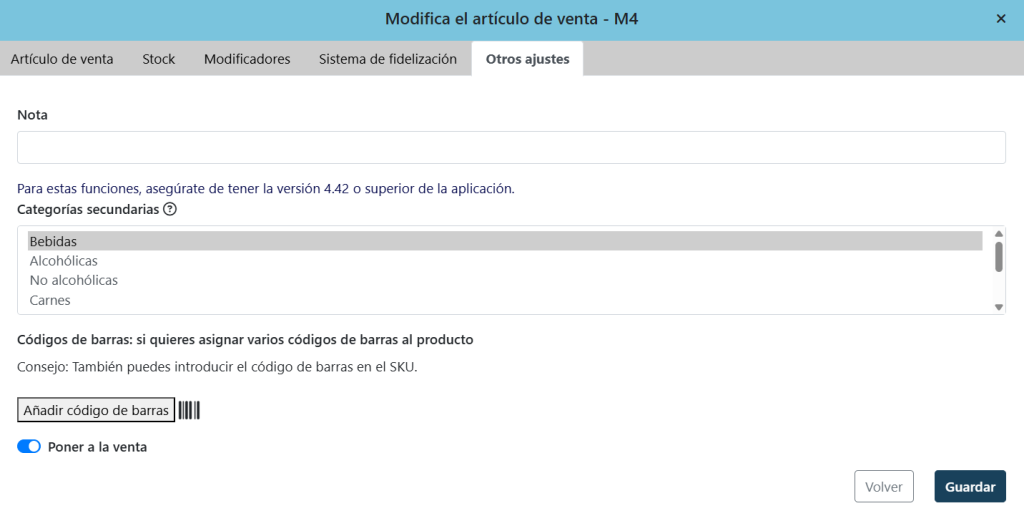 Modifica el artículo de venta - categorías secundarias
