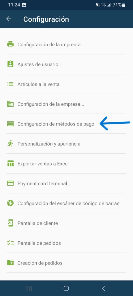 configuración de metodos de pago