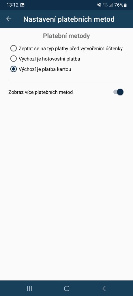 volba platební metody v pokladně