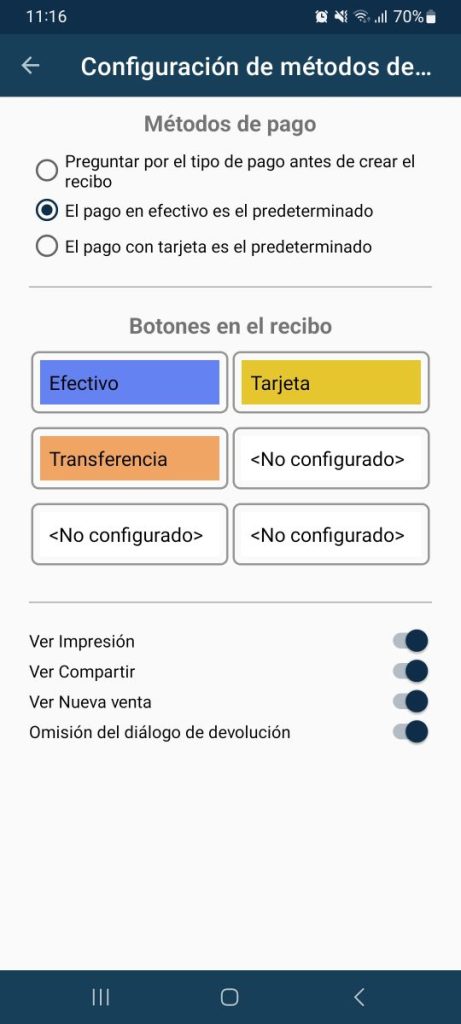 Coniguración de métodos de pago