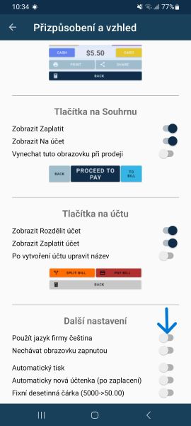 Přizpůsobení a vzhled - Použít jazyk firmy
