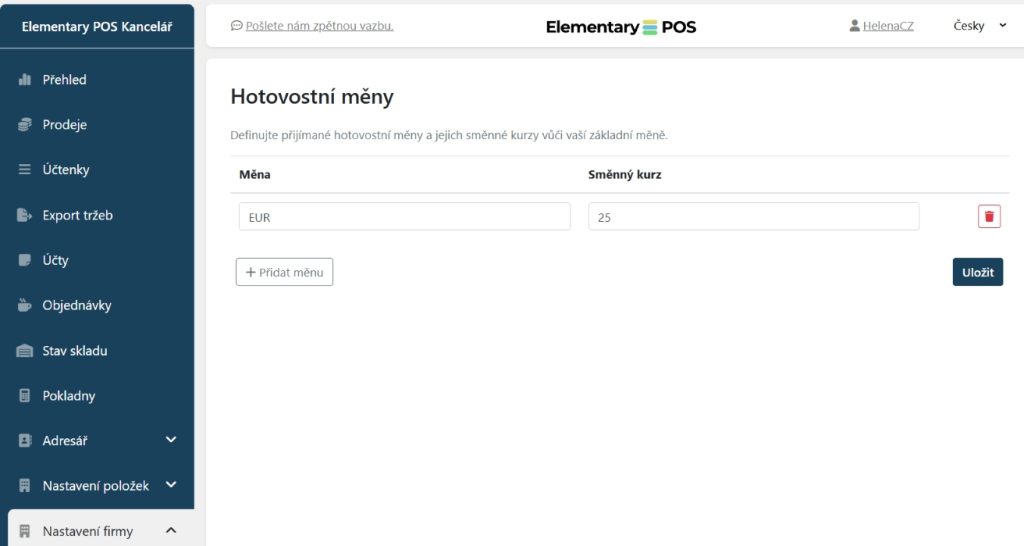 Elementary POS Kancelář - nastavení plateb v EUR