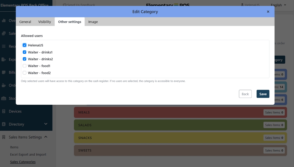 Elementary POS BackOffice - Category users settings